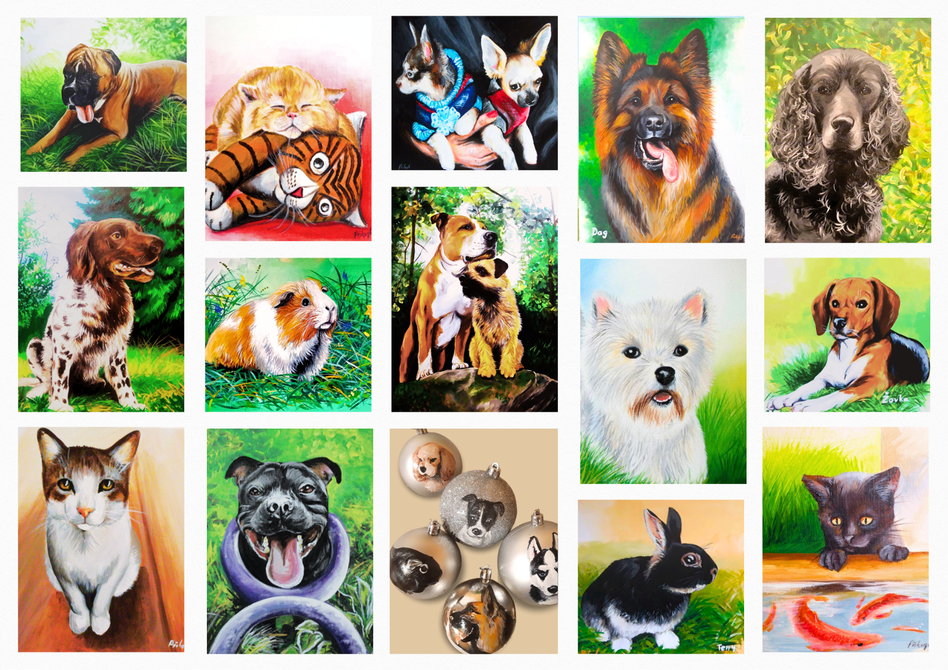 Malby domácích mazlíčků na plátně a baňkách